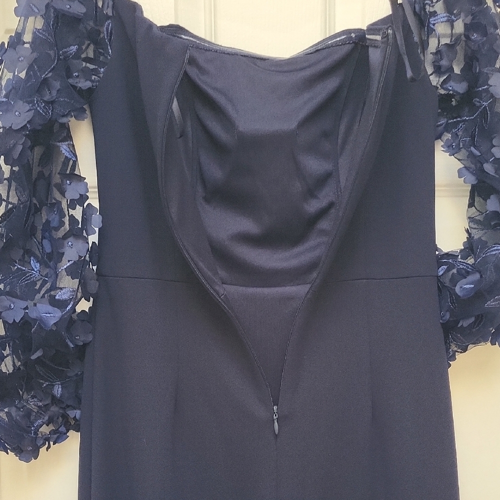 Eliza J Elegant Off Shoulders Long Gown Navy with Floral Sleeves - Picture 8 of 8